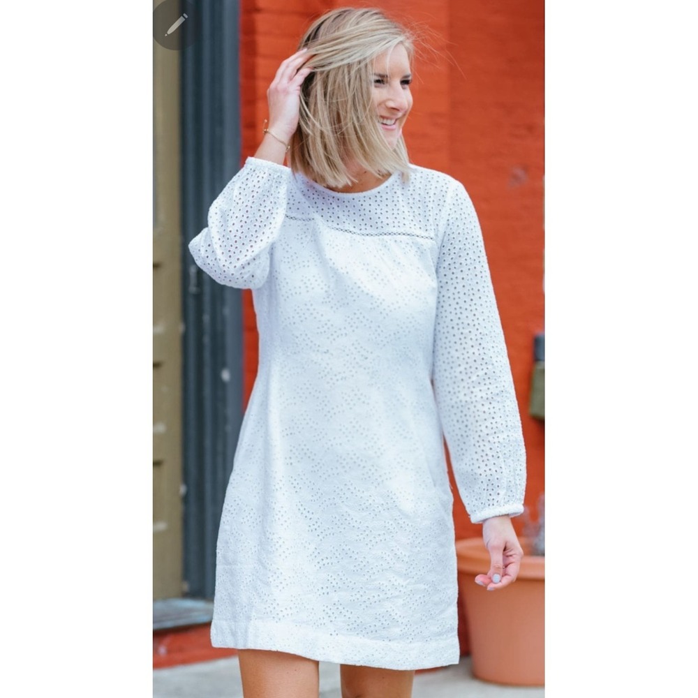 The GAP White Eyelet Long Sleeve Dress 100% Cotton lined Pockets SZ XS‎ RTL $80